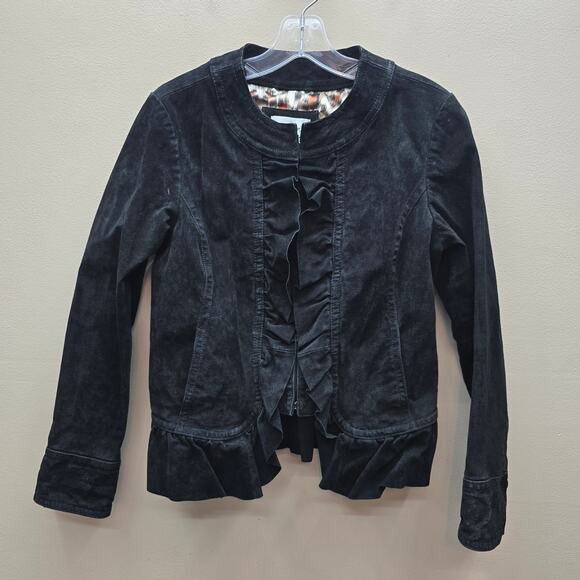 Lal Live a Little 100% Suede Leather Ruffle Front Blazer Jacket Black SZ Small - Picture 1 of 8
